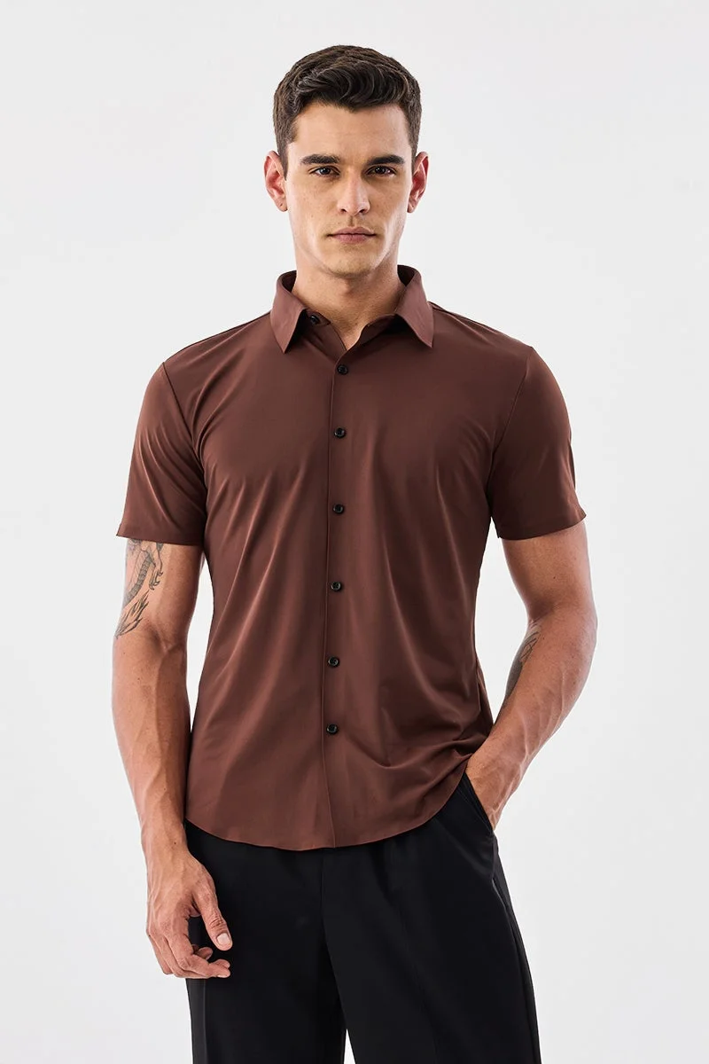 سنيتش Brown Solid Half Sleeve Slim Fit Shirt
