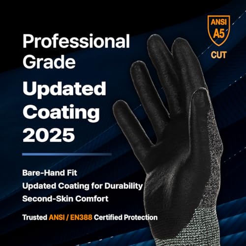 DEX FIT Level 5 Cut Resistant Gloves Cru553, 3D-Comfort Fit, Firm Grip, Thin & Lightweight, Touch-Screen Compatible, Durable, Breathable & Cool, Machine Washable; Black Grey M (8) 3 Pairs - Image 2