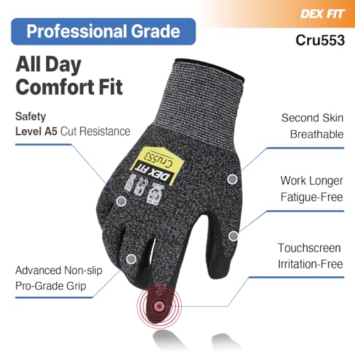 DEX FIT Level 5 Cut Resistant Gloves Cru553, 3D-Comfort Fit, Firm Grip, Thin & Lightweight, Touch-Screen Compatible, Durable, Breathable & Cool, Machine Washable; Black Grey M (8) 3 Pairs - Image 4