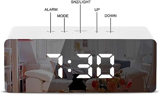 R RUNILEX Digital Mirror Alarm LED Bedside Clock with Temperature Snooze Voice Control Makeup Mirror Adjustable Brightness LED Clock White Mirror - Image 3