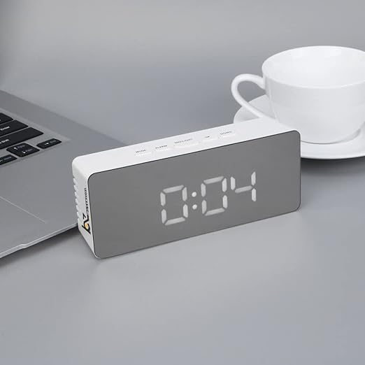 R RUNILEX Digital Mirror Alarm LED Bedside Clock with Temperature Snooze Voice Control Makeup Mirror Adjustable Brightness LED Clock White Mirror - Image 1