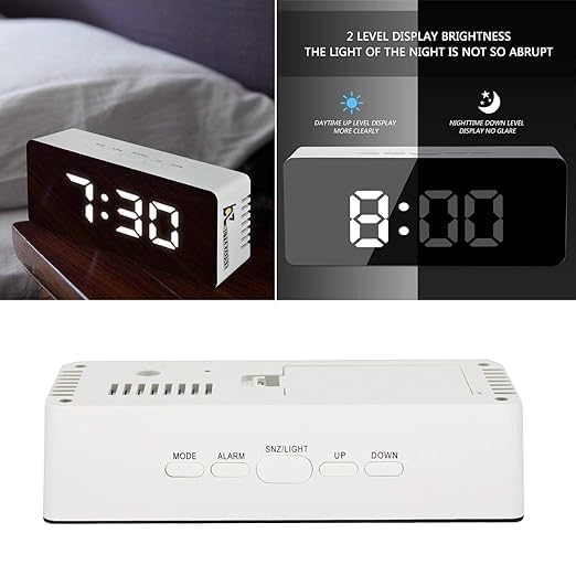 R RUNILEX Digital Mirror Alarm LED Bedside Clock with Temperature Snooze Voice Control Makeup Mirror Adjustable Brightness LED Clock White Mirror - Image 5