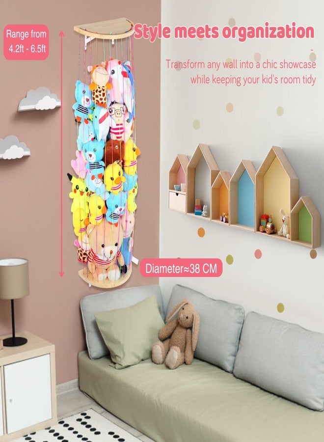 Vomelon Stuffed Animal Storage Hammock Wooden Half Circle Design Wall Hanging Plush Toy Organizer for Kids Room Decor, Plush Net Hammock Playroom Nursery Stuffed Animal Corner Net Shelf - Image 3