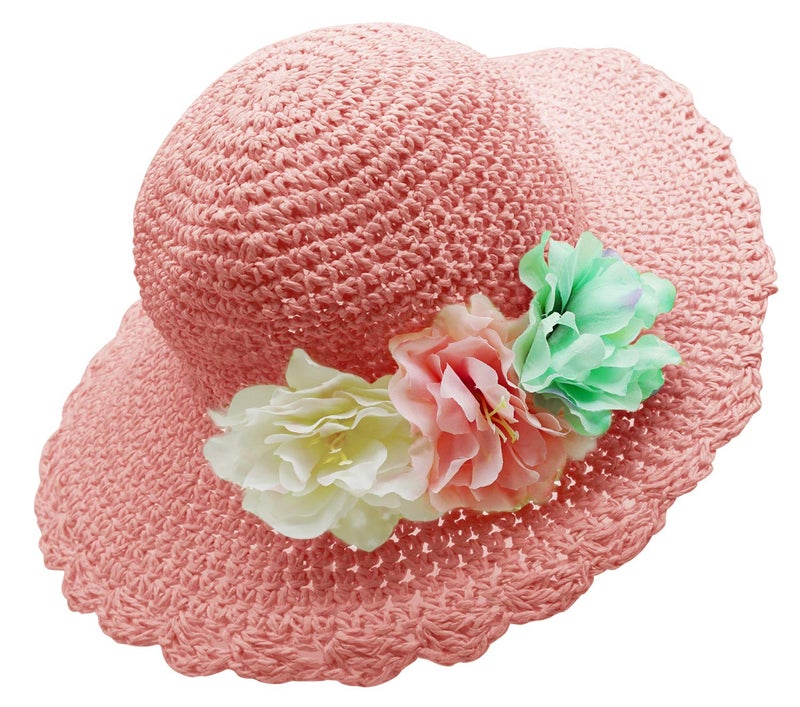 Bienvenu Girl Kids Summer Wide Brim Floppy Beach Sun Visor Hat with Flowers, Pink - Image 1
