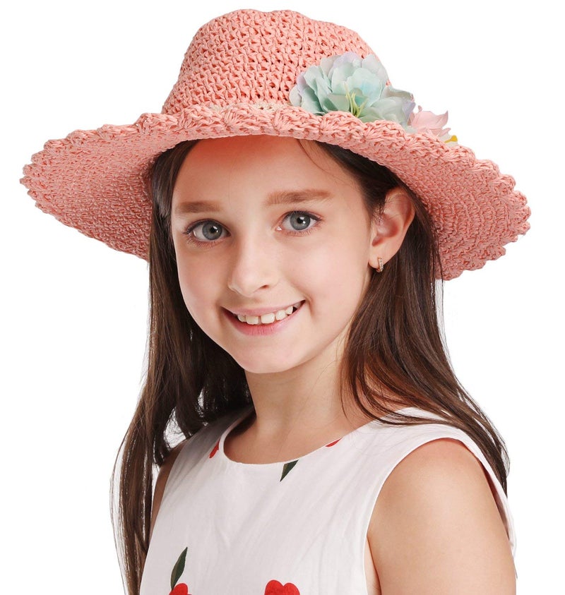 Bienvenu Girl Kids Summer Wide Brim Floppy Beach Sun Visor Hat with Flowers, Pink - Image 4