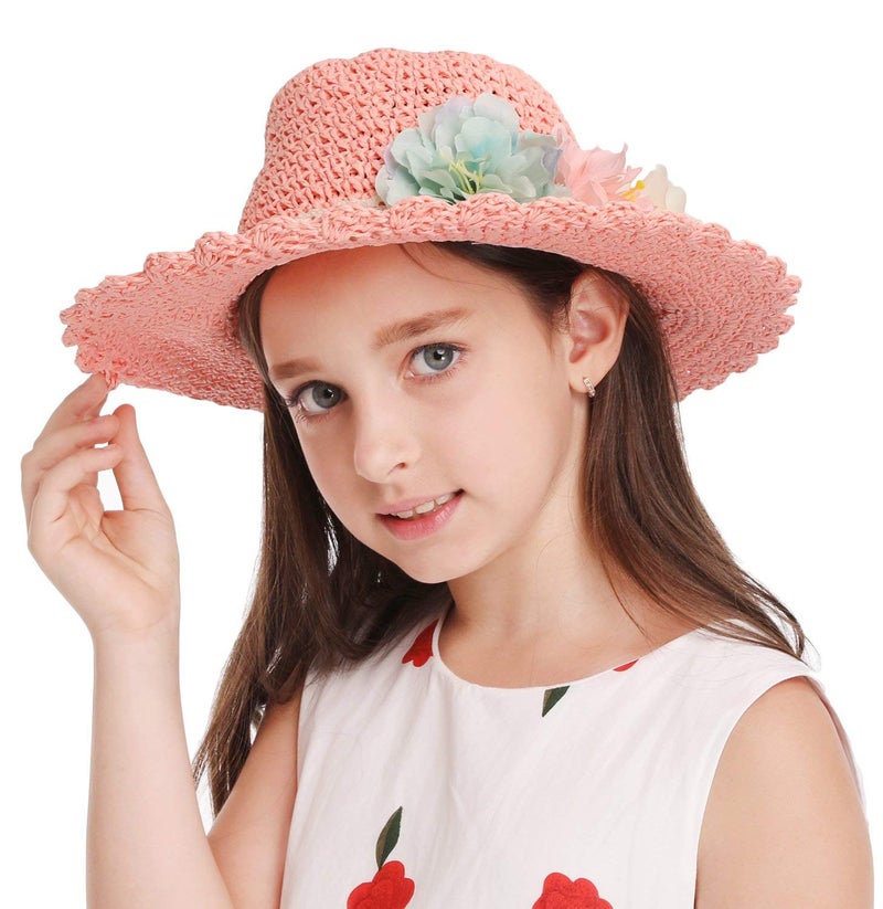 Bienvenu Girl Kids Summer Wide Brim Floppy Beach Sun Visor Hat with Flowers, Pink - Image 3