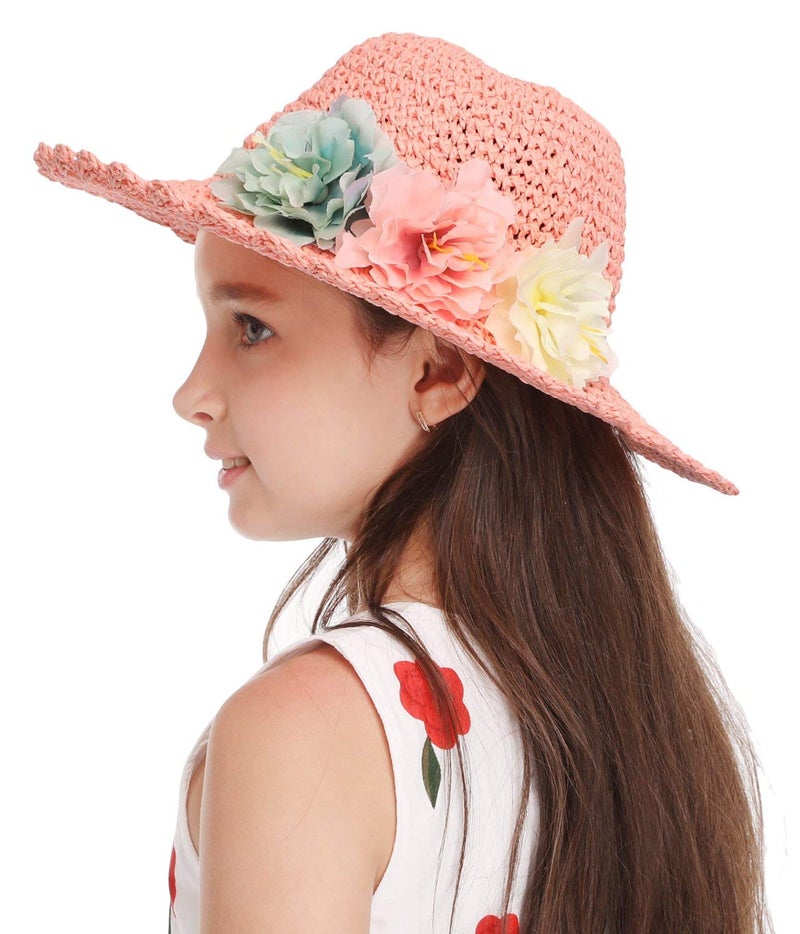 Bienvenu Girl Kids Summer Wide Brim Floppy Beach Sun Visor Hat with Flowers, Pink - Image 5