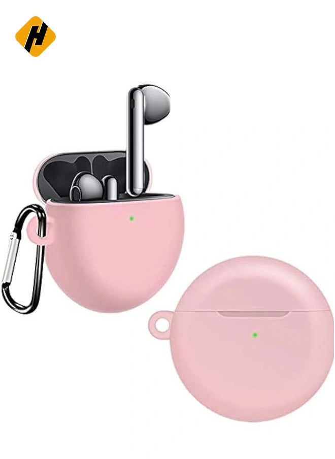 HuHa Silicone Case Cover for Huawei FreeBuds 3 with Carabiner, Anti-Shock Full Protection, Charging Port Accessibility - Pink  - Image 1