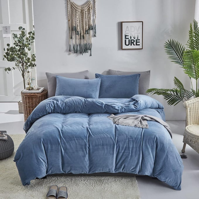 BLUE VELVET COMFORTER SET QUEEN BLUE FLANNEL BEDDING SET QUEEN SIZE WINTER BLANKET QUILTS MODERN HEAVYWEIGHT WARM 3 PIECE VELVET COMFORTER SET