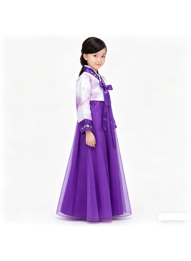 Loquat Girl Korean Traditional Long Sleeve Hanbok Dress Cosplay Costume White Top+Purple Skirt - Image 2