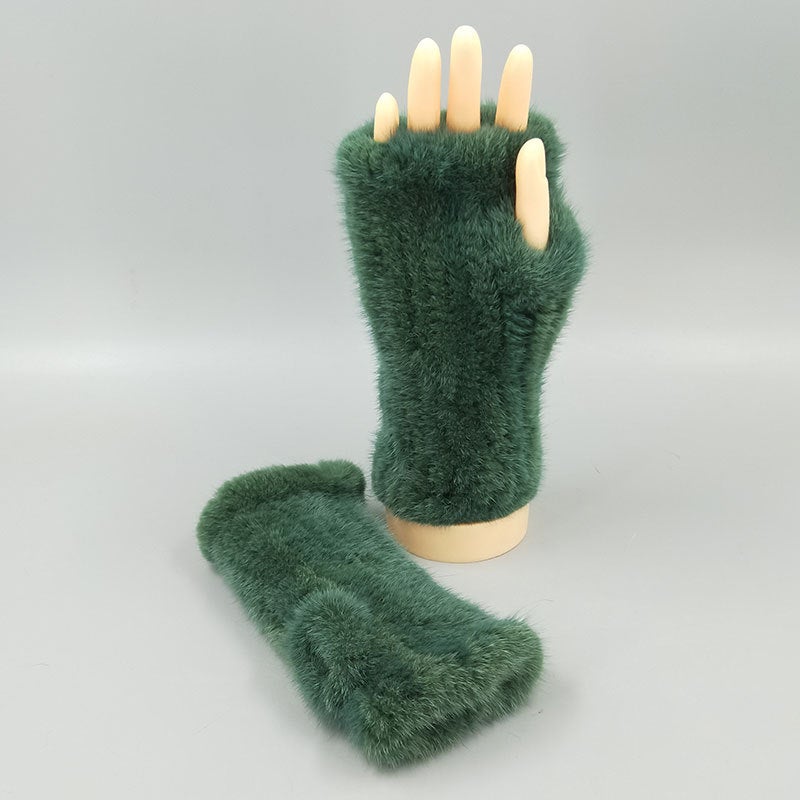 Thick Knitted Mink Fur Fingerless Gloves for Winter Dark green 