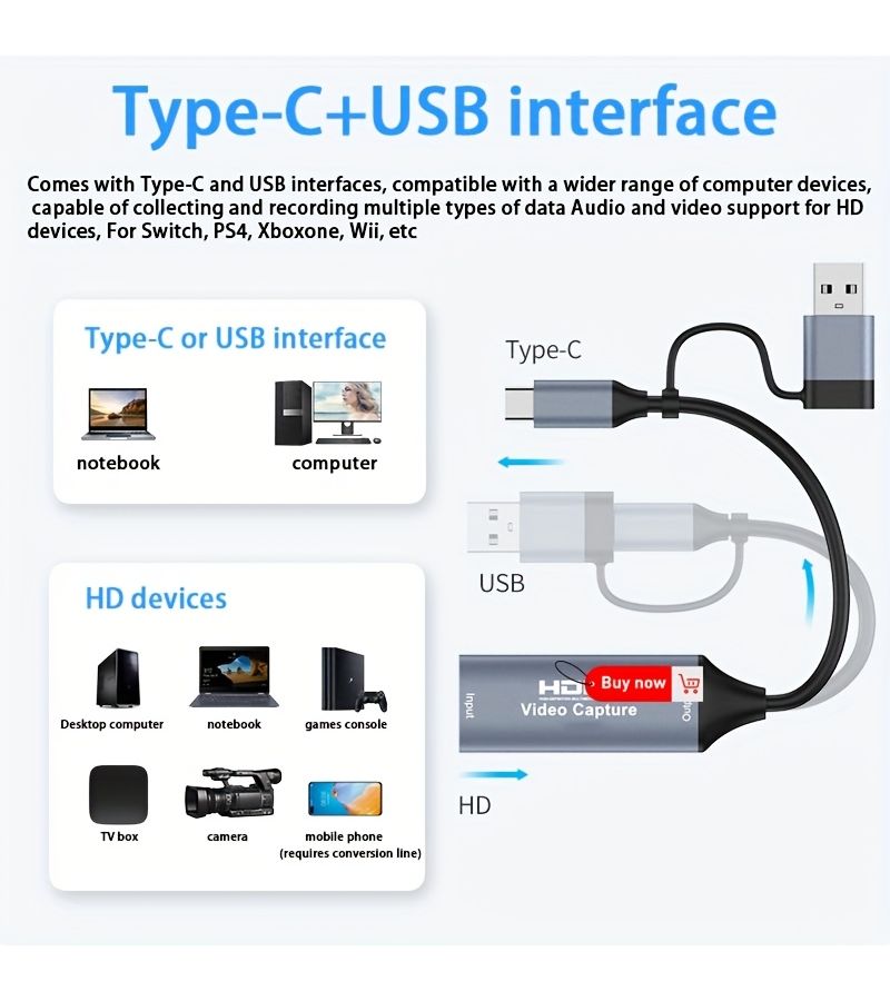 بطاقة التقاط صوت وفيديو عالية الوضوح بواجهة مزدوجة 4K USB C 1080P 60 إطارًا في الثانية للتوصيل والتشغيل للبث المباشر والألعاب - Image 3