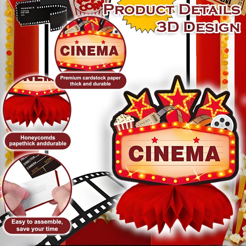 Oiuyamn 9Pcs Movie Night Party Honeycomb Centerpieces Decorations, 3D Movie Theme Birthday Table Topper, Hollywood Party Decor - Image 3