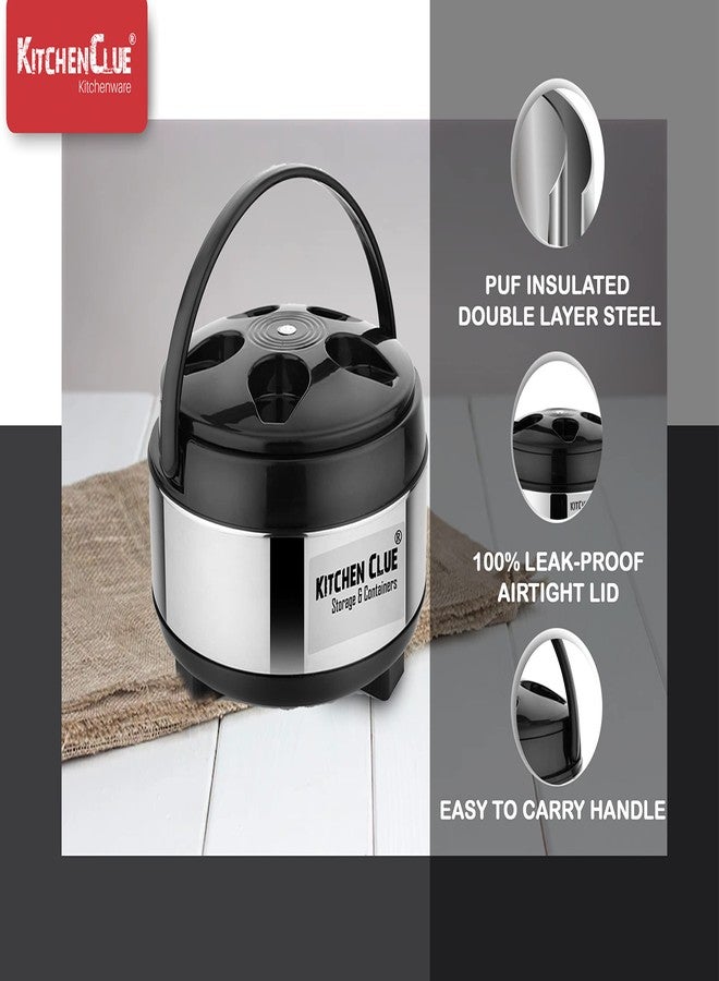 KITCHEN CLUE Stainless Steel Insulated Thermoware Casserole Hot-Pot with Plastic Lid For Storing Roti, Fresh (Pack Of 3 Pcs, 3500 ML), High Food Grade Quality And Black Color Makes It Exclusive And Highly Durable - Image 3