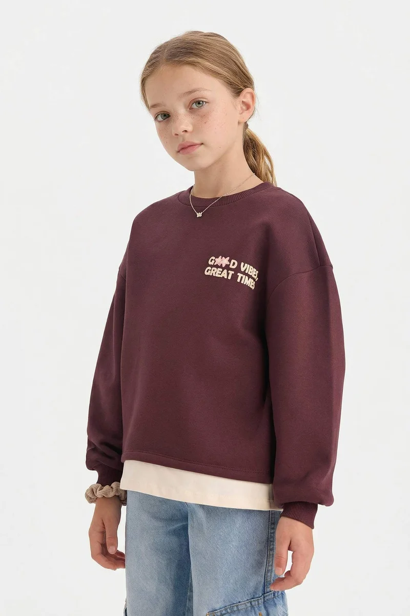 DeFacto Girl Overshirt Fit Slogan Printed Thick Fabric Sweatshirt