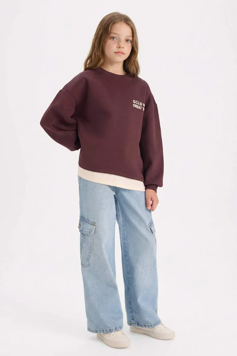 DeFacto Girl Overshirt Fit Slogan Printed Thick Fabric Sweatshirt