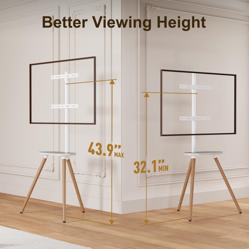 ECOTINY Tripod Easel TV Stand for 43-65" TVs, Height-Adjustable Swivel Corner Floor TV Stand with Wooden Tray, VESA 400x400 LCD/LED/OLED Compatible, Minimalist White - Image 3