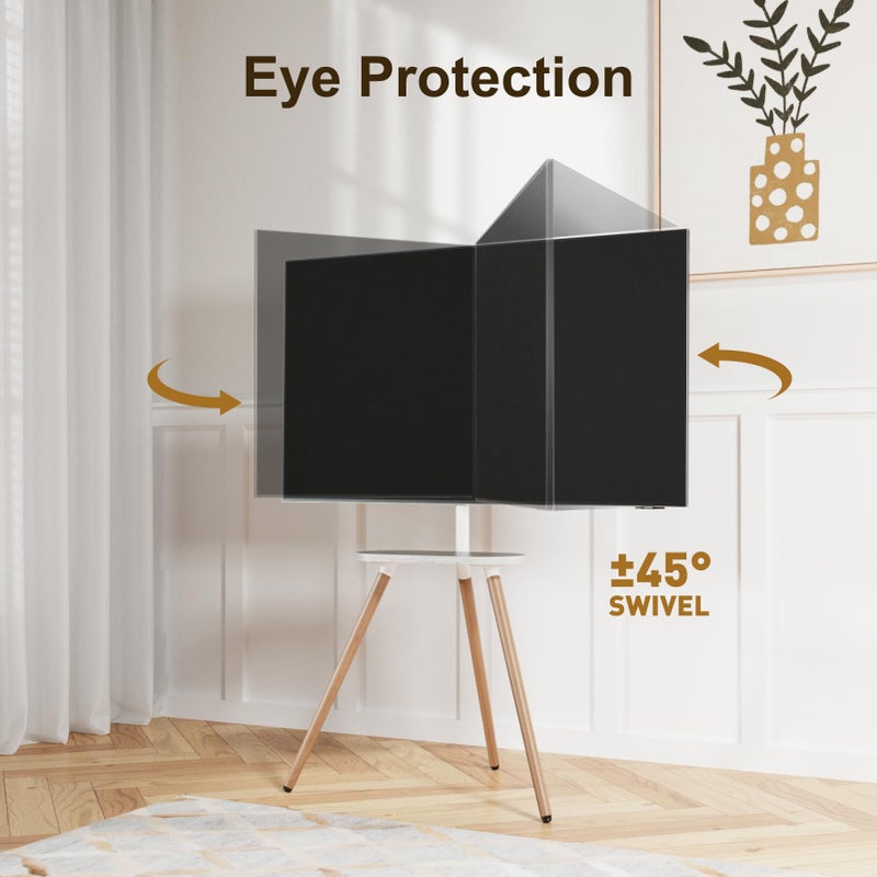 ECOTINY Tripod Easel TV Stand for 43-65" TVs, Height-Adjustable Swivel Corner Floor TV Stand with Wooden Tray, VESA 400x400 LCD/LED/OLED Compatible, Minimalist White - Image 4