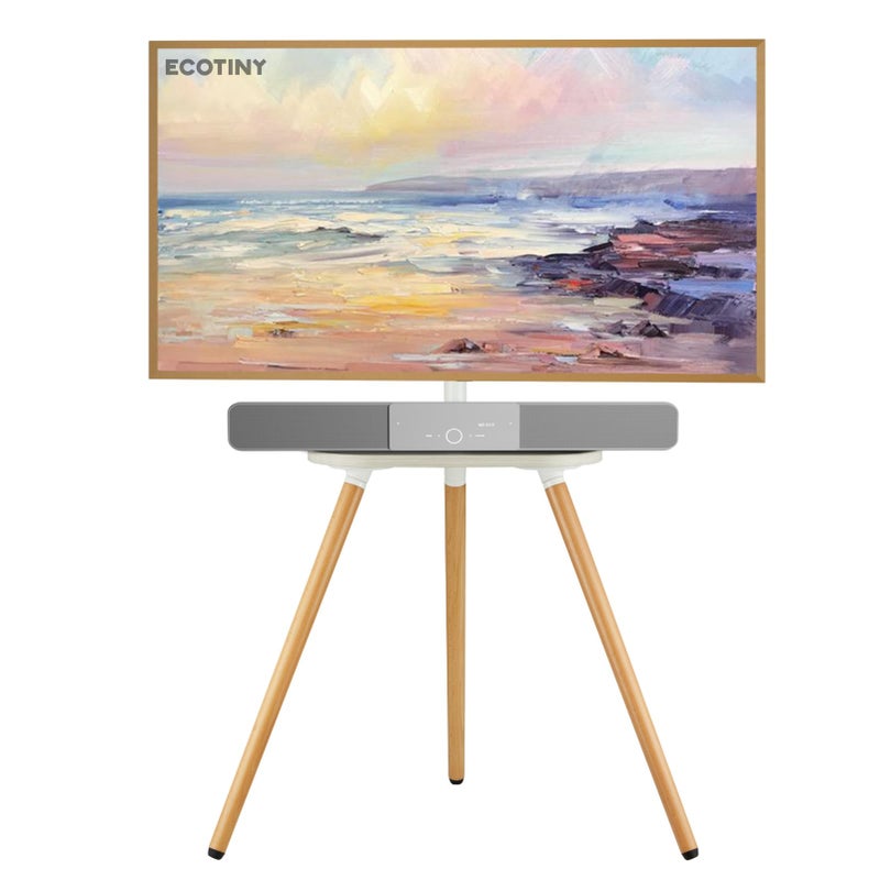 ECOTINY Tripod Easel TV Stand for 43-65" TVs, Height-Adjustable Swivel Corner Floor TV Stand with Wooden Tray, VESA 400x400 LCD/LED/OLED Compatible, Minimalist White - Image 1
