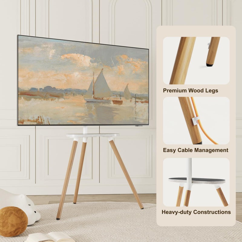 ECOTINY Tripod Easel TV Stand for 43-65" TVs, Height-Adjustable Swivel Corner Floor TV Stand with Wooden Tray, VESA 400x400 LCD/LED/OLED Compatible, Minimalist White - Image 5