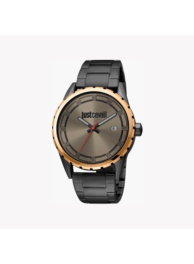 جاست كافالي ساعة Just Cavalli للرجال بتصميم أنيق باللونين الأسود والروز جولد، مع مينا رمادي راقٍ يضفي لمسة من الفخامة والرقي. - Image 1