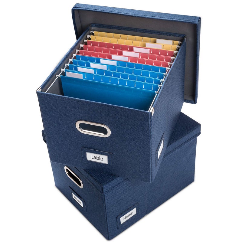 PRANDOM File Organizer Box  Set of 2 Collapsible Decorative Linen Filing Storage Hanging File Folders with Lids Office Cabinet LetterLegal Size Navy Blue 17x14x112 inch