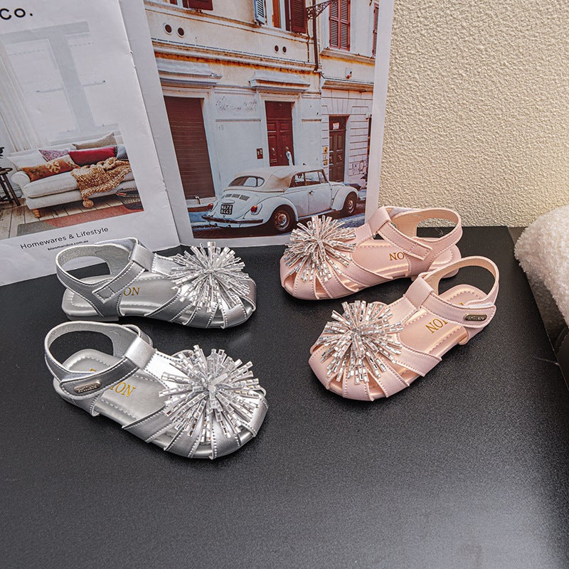 Girls'' Sweet Fairy-Style Closed-Toe Sandals, Summer Princess Shoes with Rhinestones, Flat Shoes with Velcro for Girls - Image 4