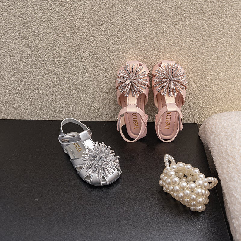 Girls'' Sweet Fairy-Style Closed-Toe Sandals, Summer Princess Shoes with Rhinestones, Flat Shoes with Velcro for Girls - Image 3