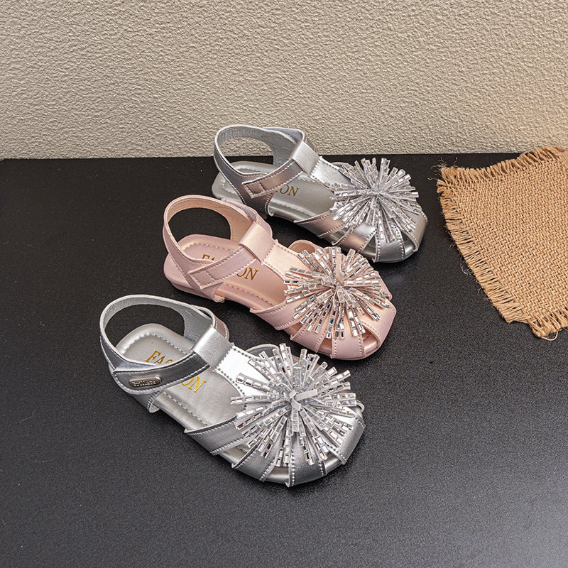 Girls'' Sweet Fairy-Style Closed-Toe Sandals, Summer Princess Shoes with Rhinestones, Flat Shoes with Velcro for Girls - Image 2