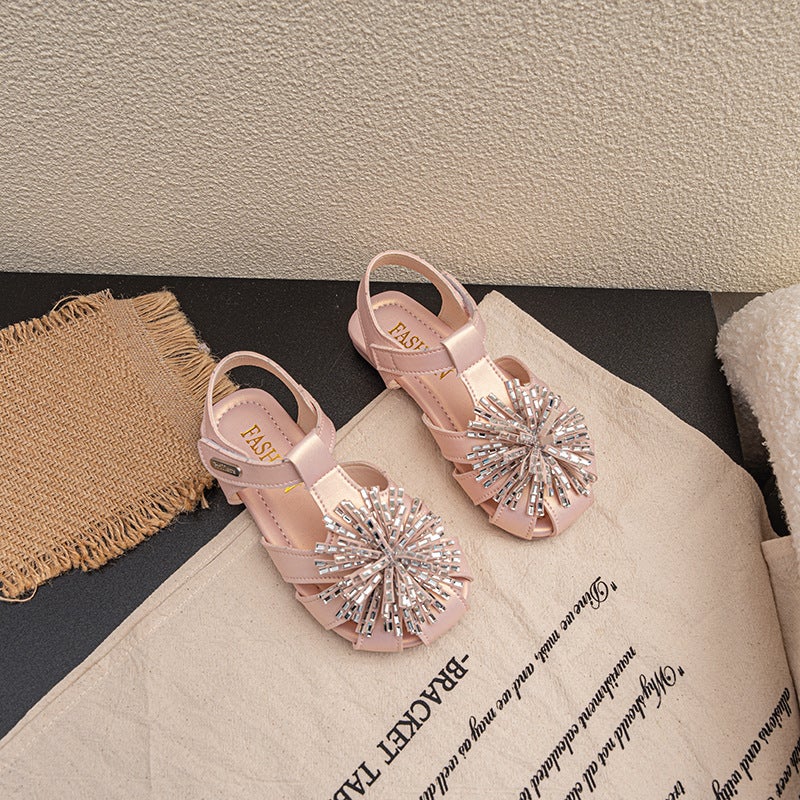 Girls'' Sweet Fairy-Style Closed-Toe Sandals, Summer Princess Shoes with Rhinestones, Flat Shoes with Velcro for Girls - Image 1
