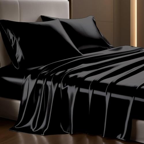 elanorhomes 300TC Premium Satin King Size Bedsheet 93 * 108 inches with 2 Pillow Covers | Ideal for Summers & Winters | Valentine for Couples, Romantic Dates, and Weddings (Crown Black) - Image 1