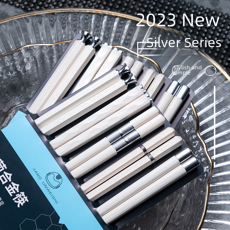 Shuangshihui New Kitchen Tableware Wholesale One Person and One Chopstick Household High-Value Silver Alloy Chopsticks Yousheng Meidi(5 Pair Platinum Simple) - Image 3