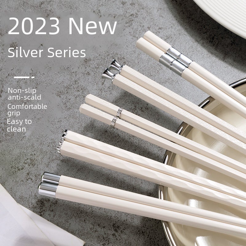 Shuangshihui New Kitchen Tableware Wholesale One Person and One Chopstick Household High-Value Silver Alloy Chopsticks Yousheng Meidi(5 Pair Platinum Simple) - Image 2