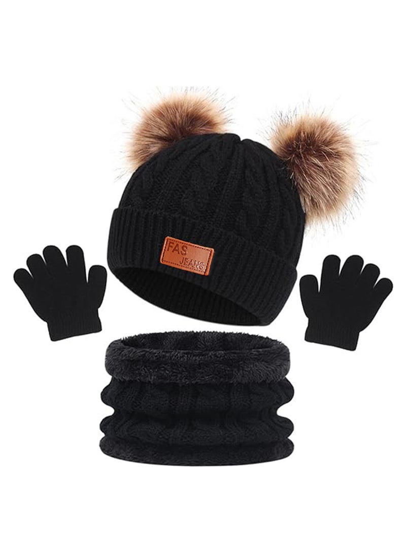 Kids Winter Beanie Hat Scarf Gloves Set Knit Toddler Winter Hat Gloves Neck Warmer with Fleece Lined for Children 2-5 Years,  Black - Image 1
