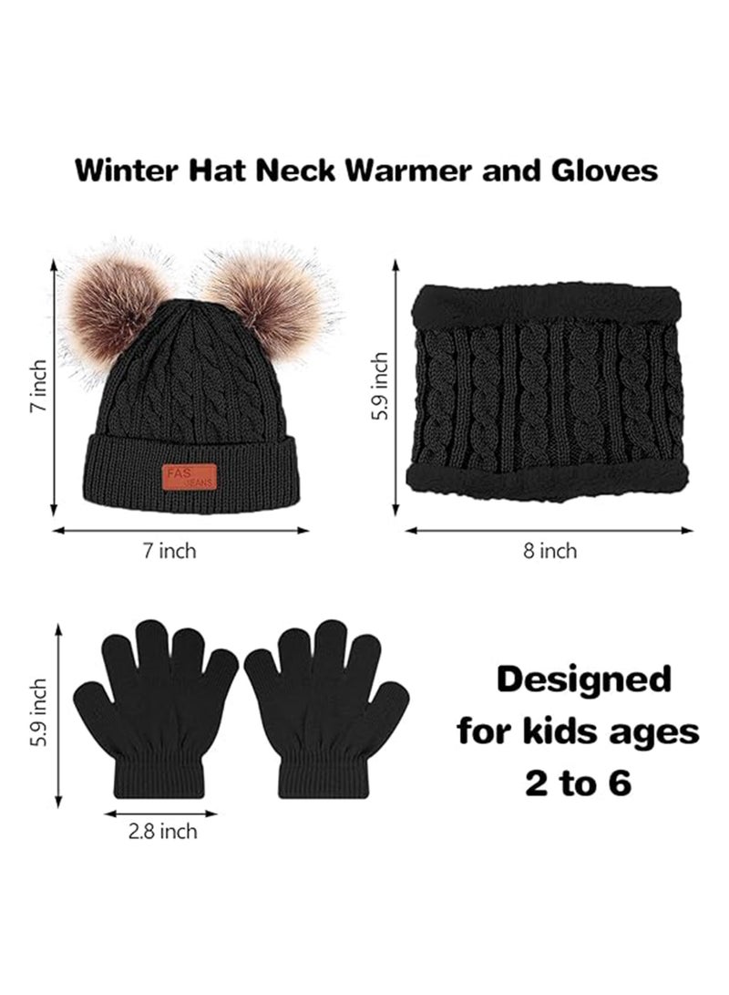 Kids Winter Beanie Hat Scarf Gloves Set Knit Toddler Winter Hat Gloves Neck Warmer with Fleece Lined for Children 2-5 Years,  Black - Image 5