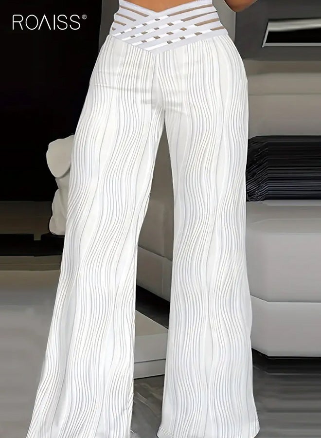 رويس بنطلون نسائي واسع الساق بلون سادة Y2K بخصر عالٍ وتصميم فضفاض مع قماش مريح للارتداء اليومي غير الرسمي، بنطلون متعدد الاستخدامات وعصري مع تجاعيد لملابس النساء - Image 1