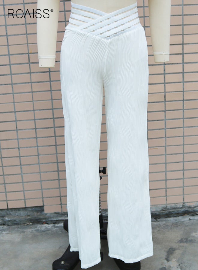 رويس بنطلون نسائي واسع الساق بلون سادة Y2K بخصر عالٍ وتصميم فضفاض مع قماش مريح للارتداء اليومي غير الرسمي، بنطلون متعدد الاستخدامات وعصري مع تجاعيد لملابس النساء - Image 3