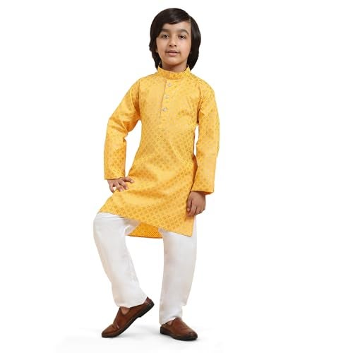 Pro-Ethic Style Developer Kids Cotton Floral Ethnic Wear|Kurta Pajama Set (S-231),7-8 Years,Yellow - Image 1