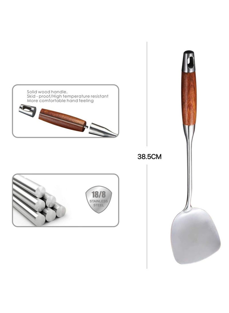 Jolley Long-handled spatula, made of 304 stainless steel, with a heat-resistant wooden handle, a Chinese cooking pot accessory suitable for stir-frying. Kitchen tool. Silver color / 38.5 cm - Image 4