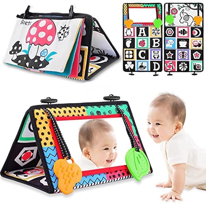 BABY TUMMY MIRROR TIME FLIP - FLOOR WITH TEETHER SOFT CLOTH BOOK BLACK AND WHITE SENSORY TOYS NEWBORN TOY DEVELOPMENTAL GIFT FOR INFANTS GIRLS BOYS 0-6 MONTHS, RED - Image 1