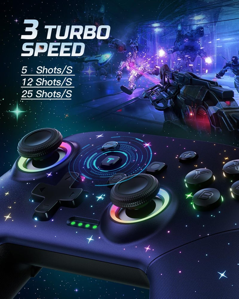 VOYEE Switch Controller, LED Star Wireless Pro Controllers Compatible with Switch/Lite/OLED, Multi-Platform Windows PC with 9 Colors Colorful RGB Lights/Programmable/Vibration/Turbo/Wakeup - Image 3