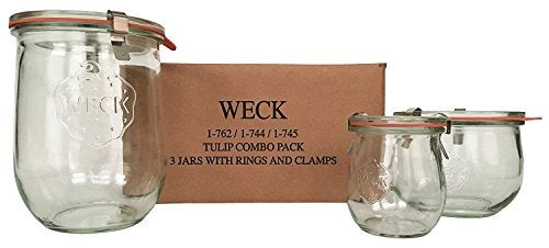 Weck Tulip Jar Combo Pack- (1) 762, (1) 744, (1) 745, (3) glass lids, (3) rubber rings and (6) clamps - Image 1