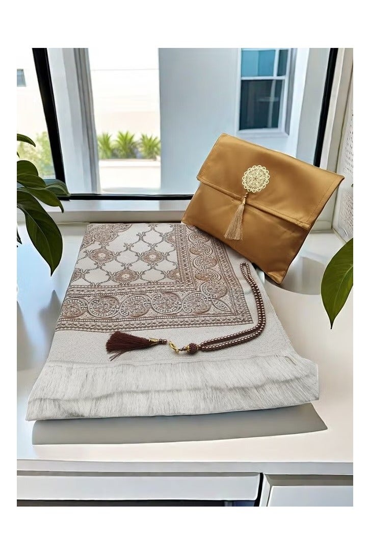 Aijmil مجموعة سجادة صلاة من 3 قطع، سجادة صلاة جميلة مع حقيبة وسبحة، مادة عالية الجودة لطيفة على البشرة، سجادة صلاة قابلة للطي، مناسبة للمنزل والسفر والمكتب والعمل ورمضان والعيد وما إلى ذلك، أفضل فكرة هدية للصلاة (بني) - Image 1