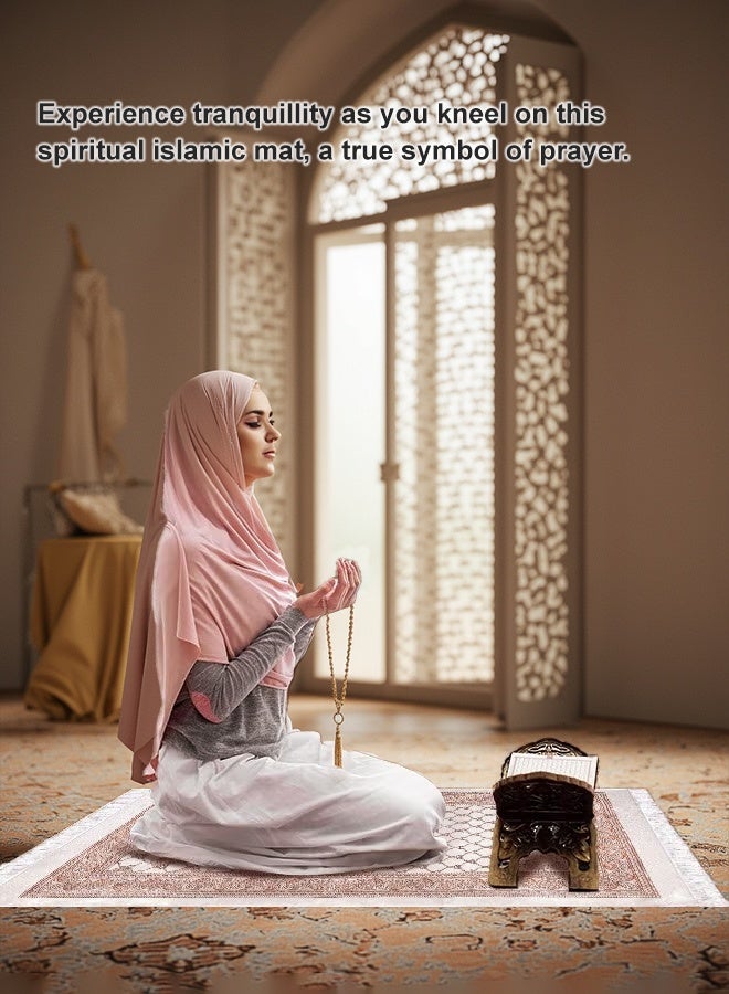 Aijmil مجموعة سجادة صلاة من 3 قطع، سجادة صلاة جميلة مع حقيبة وسبحة، مادة عالية الجودة لطيفة على البشرة، سجادة صلاة قابلة للطي، مناسبة للمنزل والسفر والمكتب والعمل ورمضان والعيد وما إلى ذلك، أفضل فكرة هدية للصلاة (بني) - Image 2