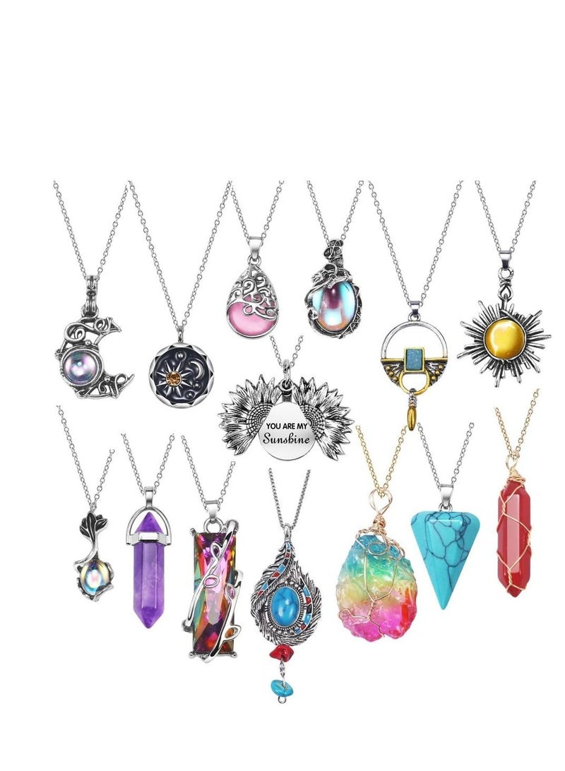 واي آند دي Vintage Crystal Pendant Necklaces for Women Girls Chakra Healing Carnelian Necklace Bohemian Retro Sunflower Sun and Moon Pendants 14PC - Image 1