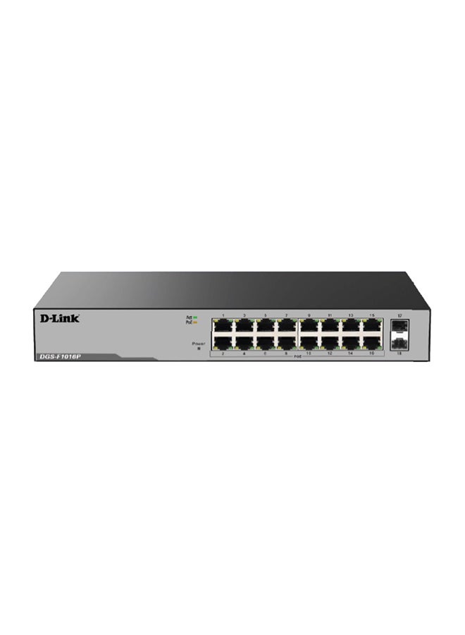 16 Port Gigabit Unmanaged POE Switch with 2 SFP ports 250 watts, 16*10/100/1000Mbps ports, 2*Gigabit SFP uplink ports | DGS-F1016P Black