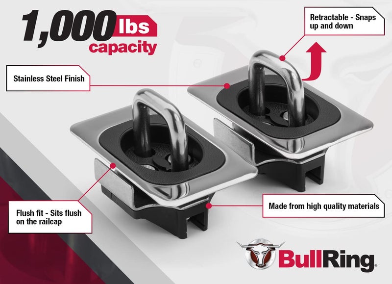 Bull Ring Stainless Steel Flush Fit Retractable Truck Bed Tie Down Anchors for 1995+ Dodge Ram & 2014-19 Tundra CrewMax, Rail Cap Required (1 Pair) - Image 5