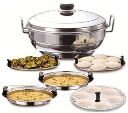 Sophronia Sophronia Heavy Stainless Steel Idli Cooker Multi Kadai Steamer Thick Base All-in-One Big Size with 5 Plate 2 idli 2 Dhokla 1 Patra Induction Gas top Compatible Sandwich Bottom Kadai with Lid (Silver)  - Image 1