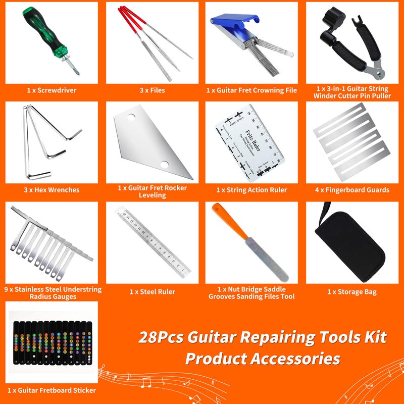 TIMDAM 28Pcs Guitar Tool Kit, Guitar Accessories Gifts for Men, Guitar Maintenance Kit with Carry Bag, Guitar Repair Kit for Acoustic Electric Guitar Ukulele Bass Banjo, TIMDAM Guitar Setup Kit Guitar Gifts - Image 2
