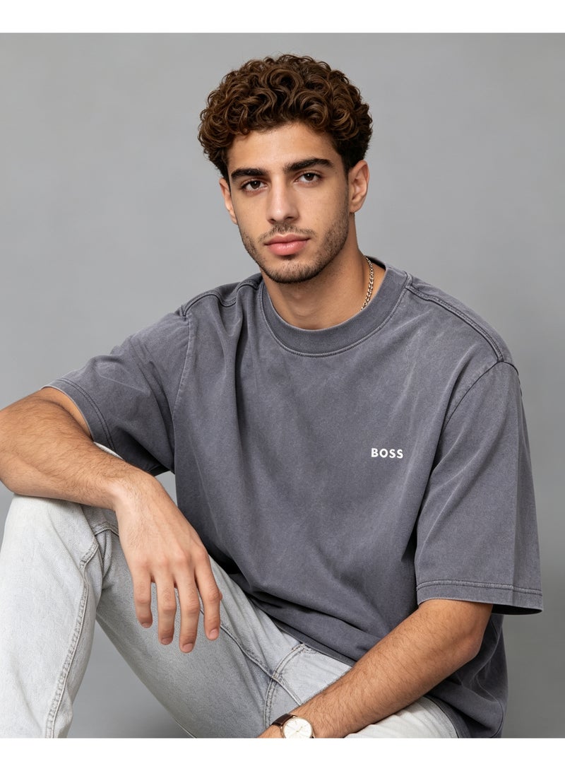 BOSS Unisex Men's Women's Crew Neck Short Sleeve Casual T-Shirt Loose Fit Washed Grey - Image 1